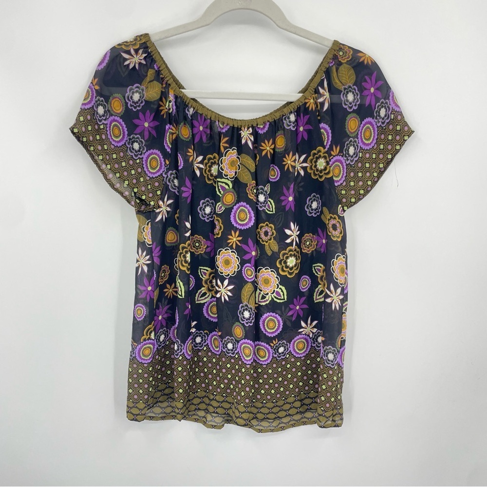 Anthropologie Fei Silk Mod Floral Peasant Blouse Black Purple Sheer Top Sz S